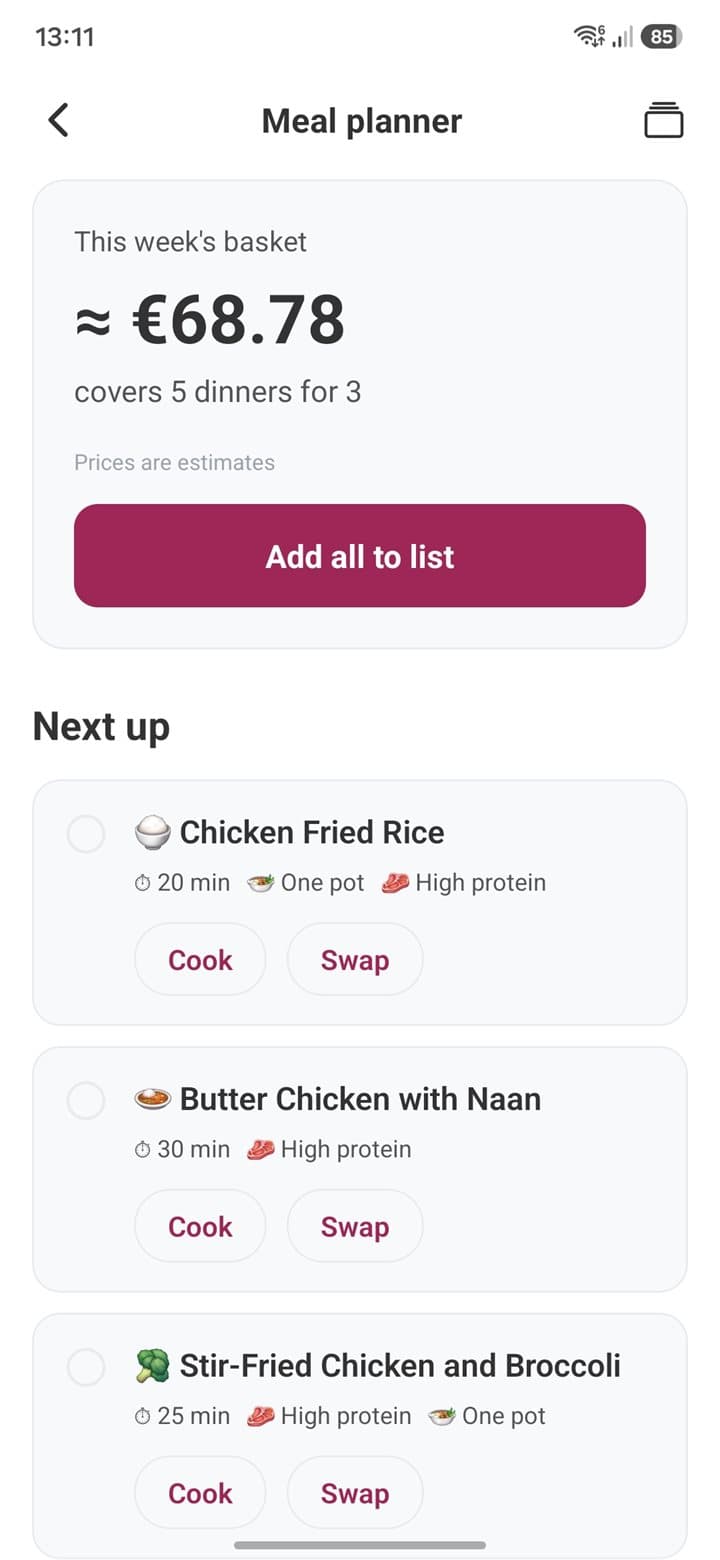 List Owl meal planner showing this week's basket total and dinners