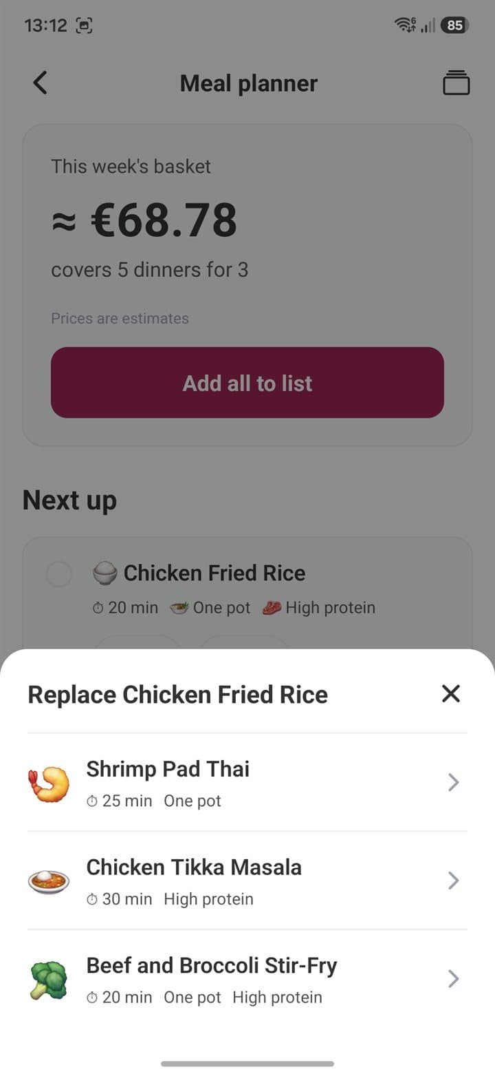 Not feeling it? Swap it — List Owl meal planner screenshot