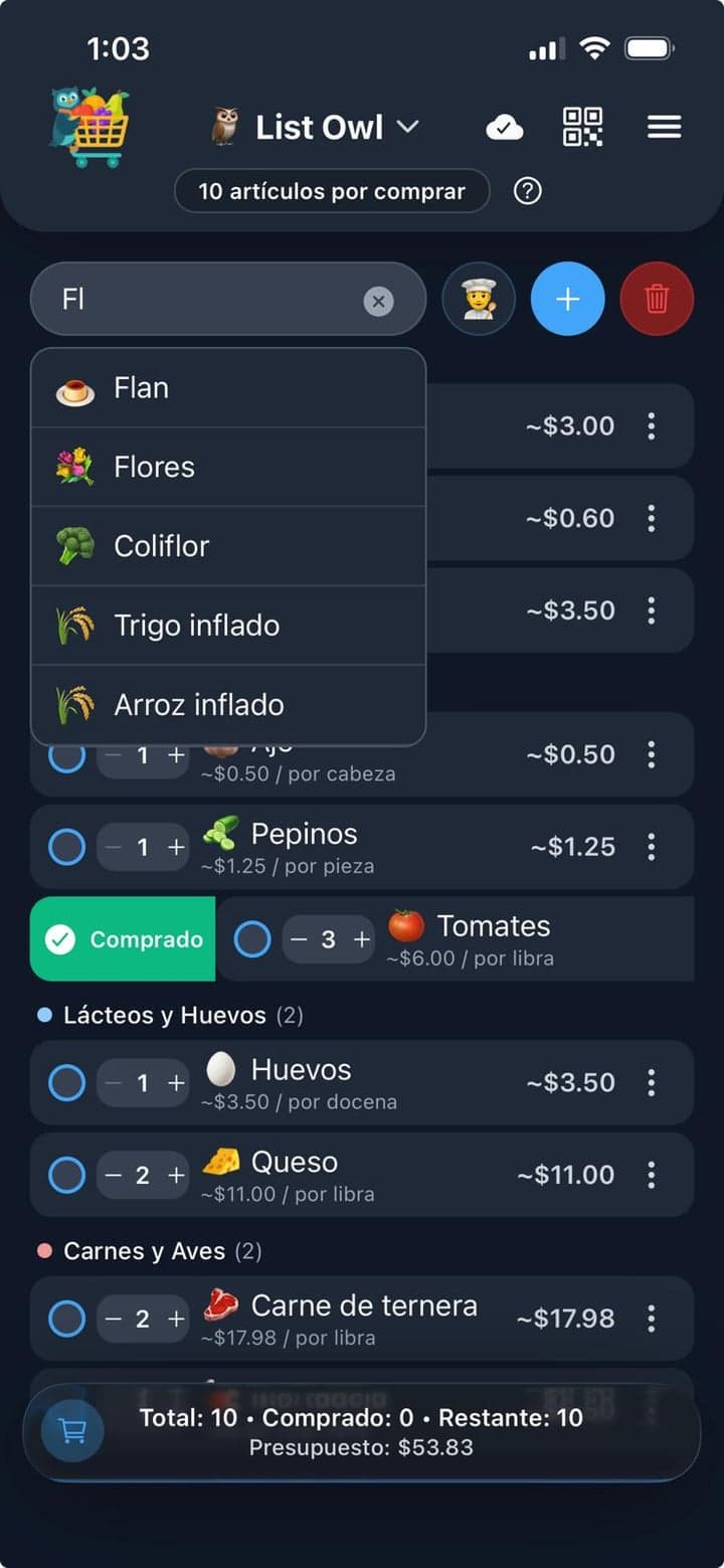 Lista de la compra de List Owl ordenada por pasillos