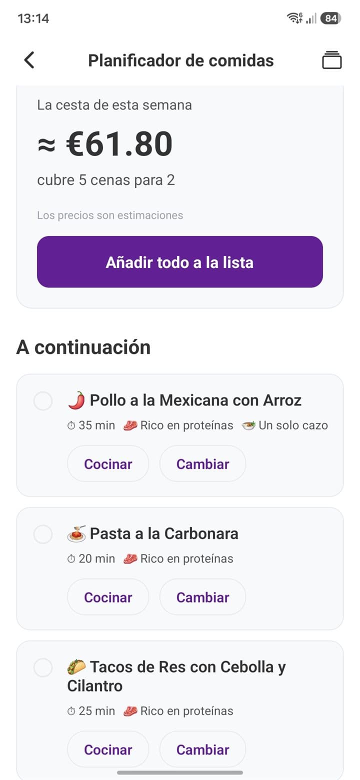 Planificador de comidas de List Owl con el total de la cesta y las cenas de la semana