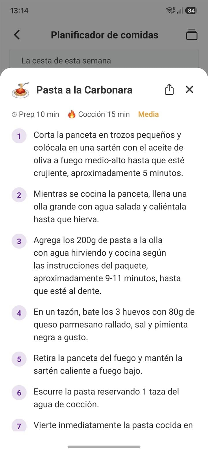 Cocina paso a paso — Captura del planificador de comidas de List Owl