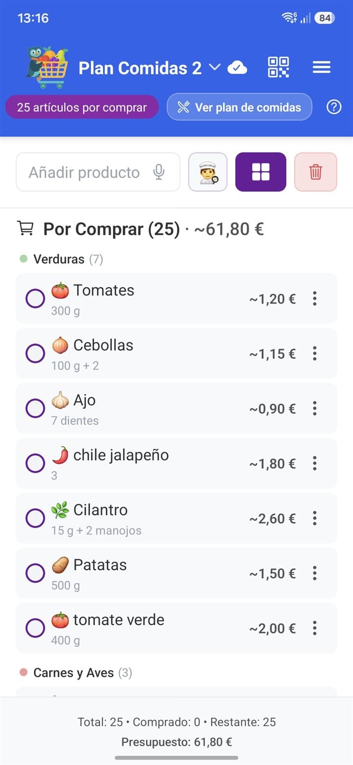 Compra con una sola lista ordenada — Captura del planificador de comidas de List Owl