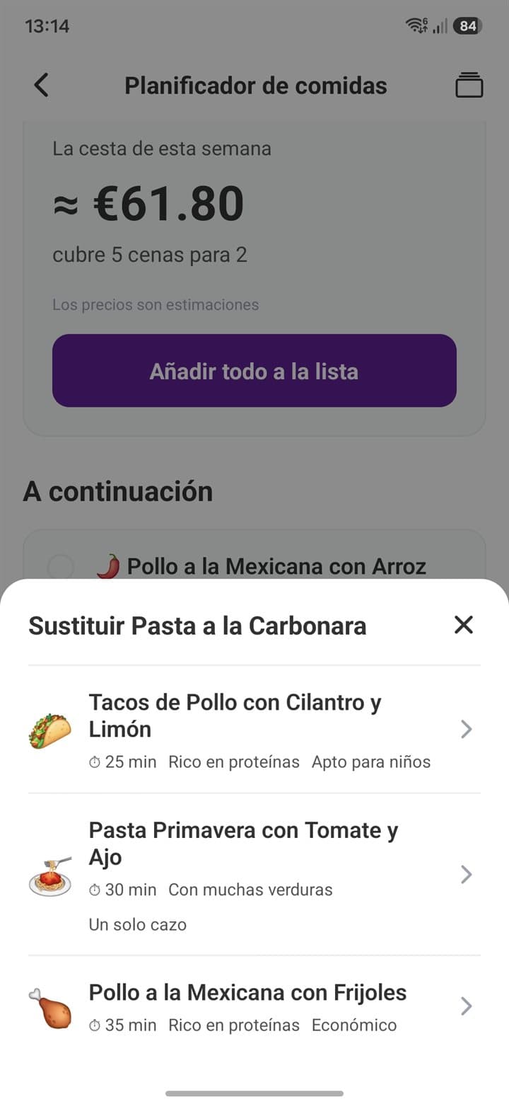 ¿No te apetece? Cámbialo — Captura del planificador de comidas de List Owl