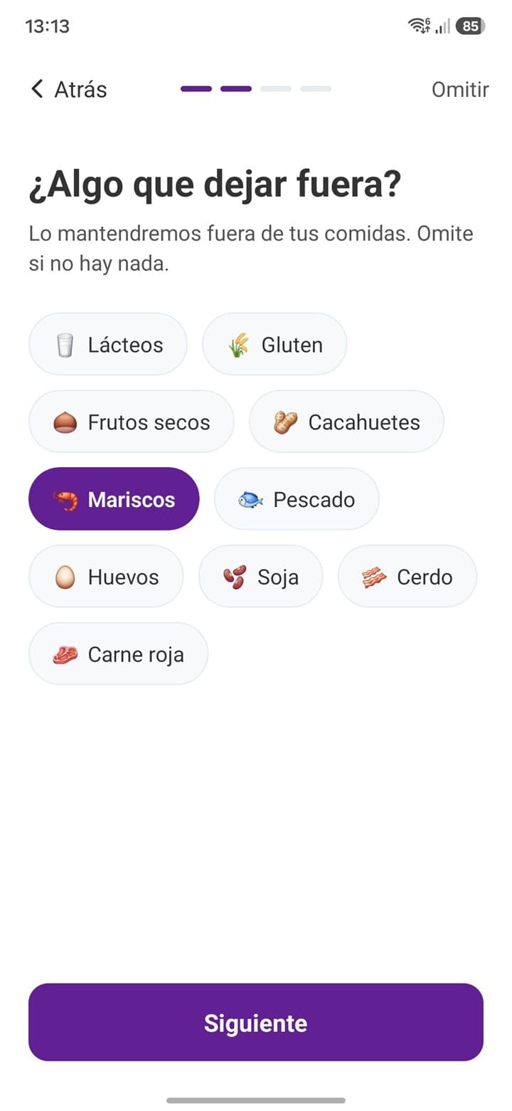 Qué prefieres dejar fuera — Captura del planificador de comidas de List Owl