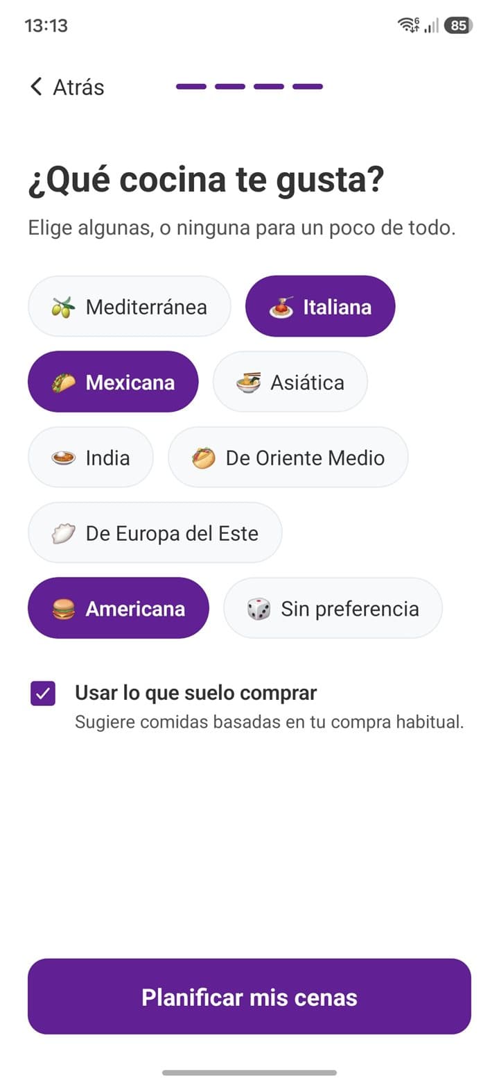Lo que te gusta comer — Captura del planificador de comidas de List Owl