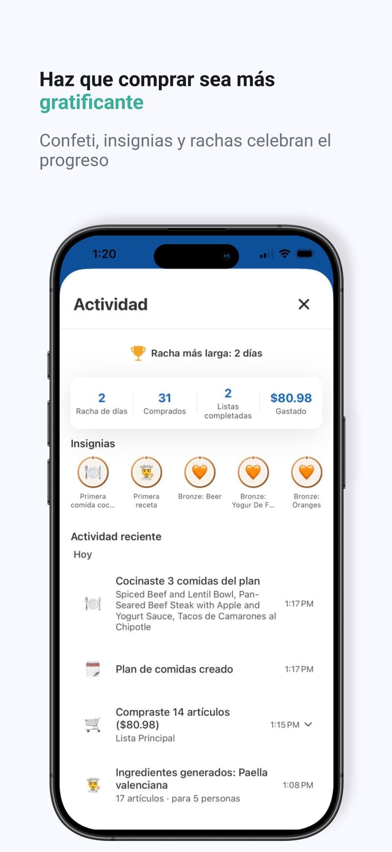 Una compra que te recompensa — Confeti, medallas y rachas celebran cada lista completada.
