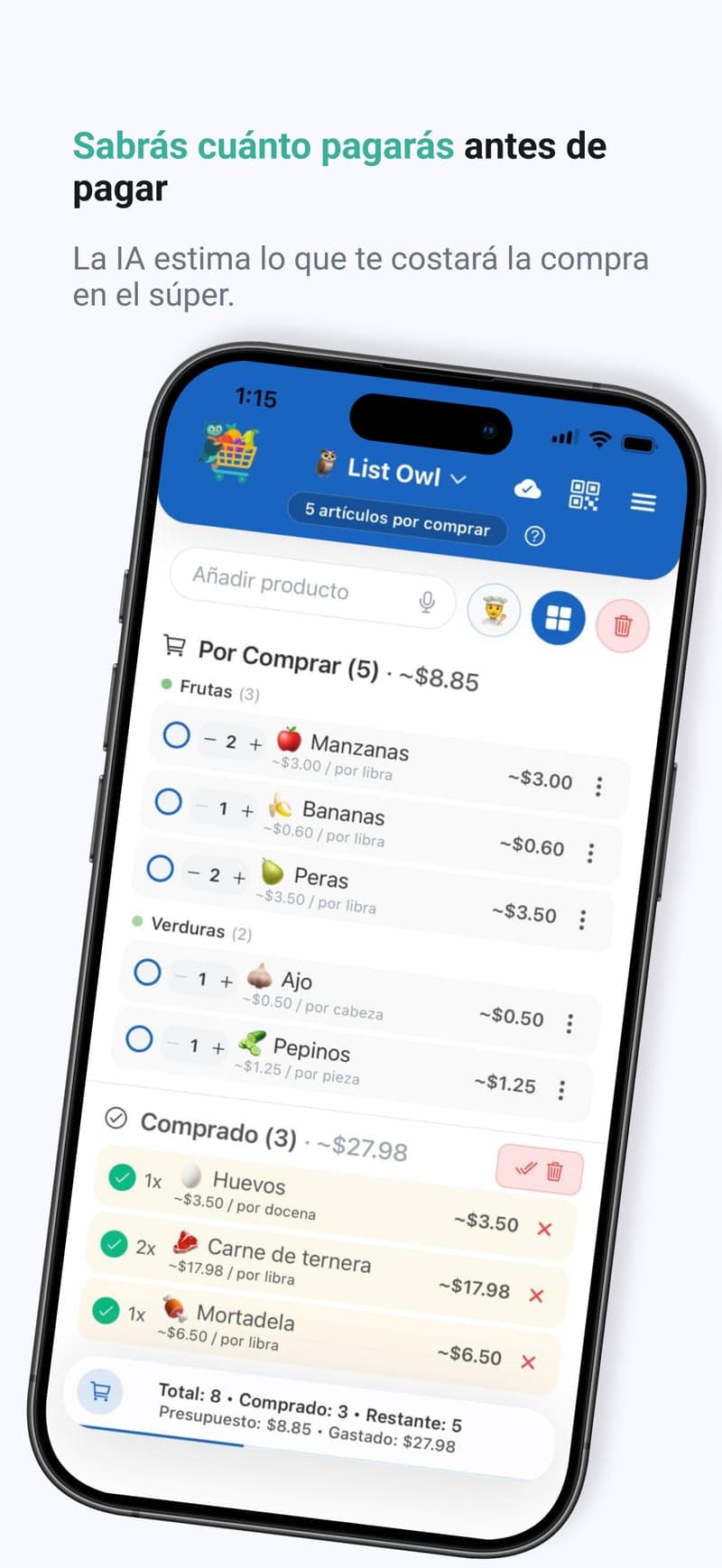 Sabe cuánto vas a gastar antes de pagar — Precios estimados de toda tu lista antes de llegar a la tienda.