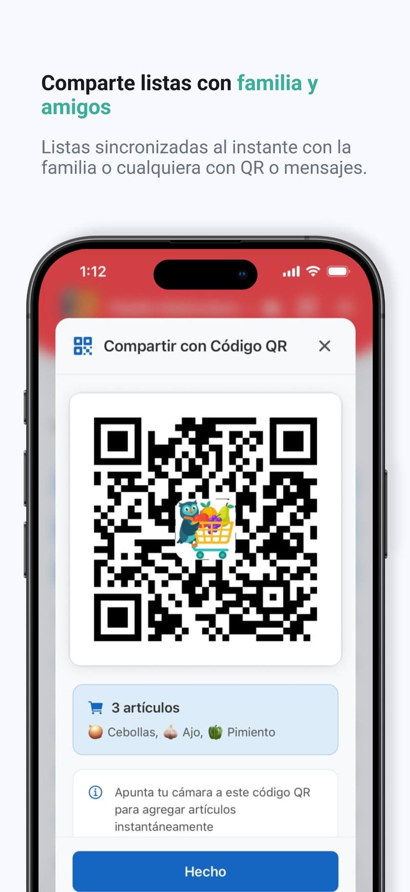 Comparte listas con familia y amigos — Sincronización en tiempo real con tu casa, o comparte cualquier lista por QR.