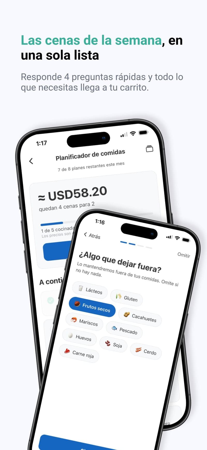 Las cenas de la semana, una sola lista — Responde cuatro preguntas rápidas y todo lo necesario acaba en tu carrito.